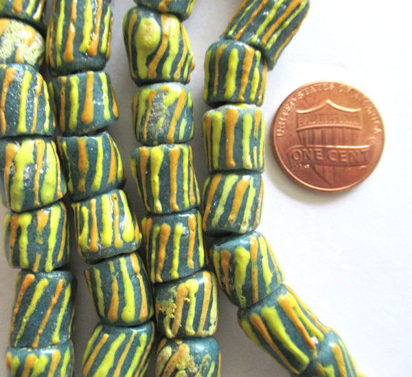 8 African Ghana glass cylinder tube beads - green beads w/ orange & yellow stripes - 13 - 10mm by 9 - 10mm big hole rustic beads - C0089