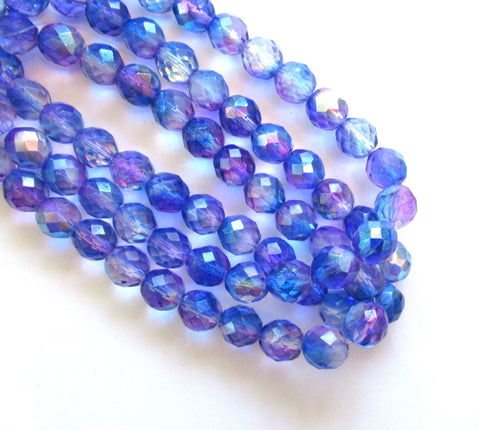 Ten Czech glass fire polished faceted round beads - 10mm blue & pink AB color mix beads C0077