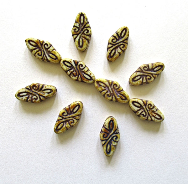 8 Czech glass arabesque beads - 9 x 19mm off white diamond shaped engraved beads with a full picasso coat & apurple wash - C0007