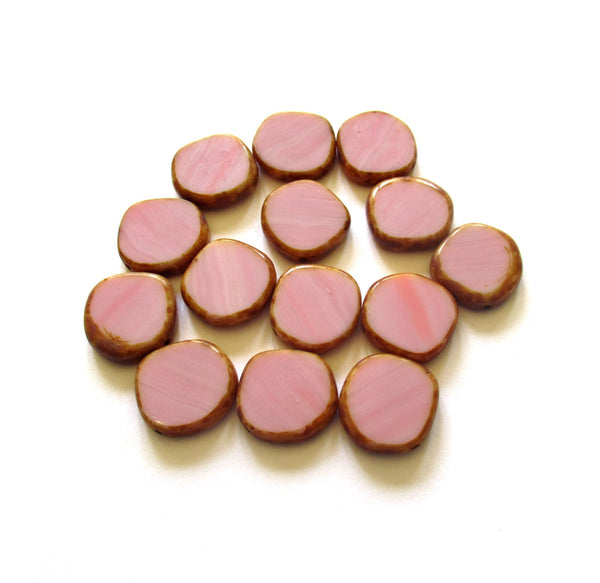 Six 15mm Czech glass asymmetrical coin or disc beads - opaque pink silk picasso beads - C00531