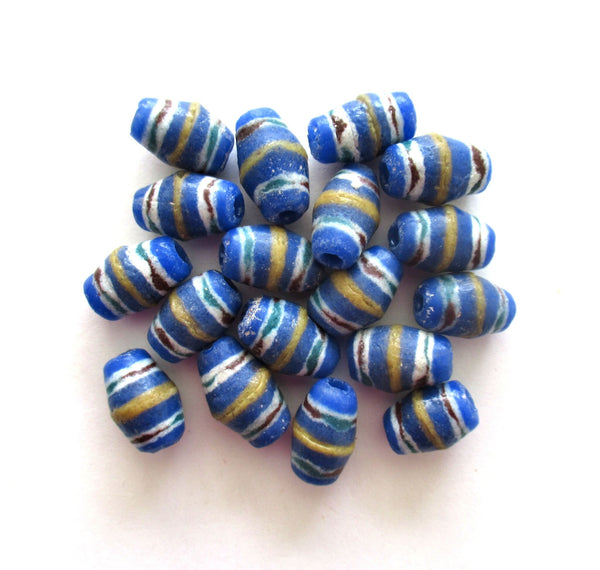 Six African Ghana sand cast recycled glass oval bicone beads - 17 -15mm x 10 - 11mm blue striped big hole rustic, earthy beads C11510