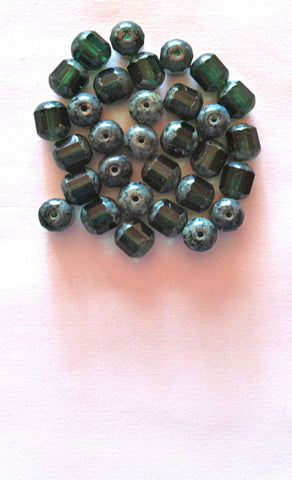 Ten Czech glass faceted cathedral or barrel beads six sides - 10mm fire polished teal blue green beads w/ picasso finish on the ends C0058