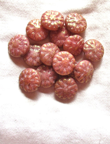 Five Czech glass Dahlia flower beads - 14mm opaque pink luster floral beads
