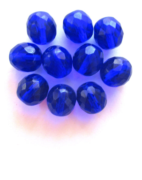 Ten large 12mm Czech glass beads - cobalt blue fire polished faceted round beads C0016