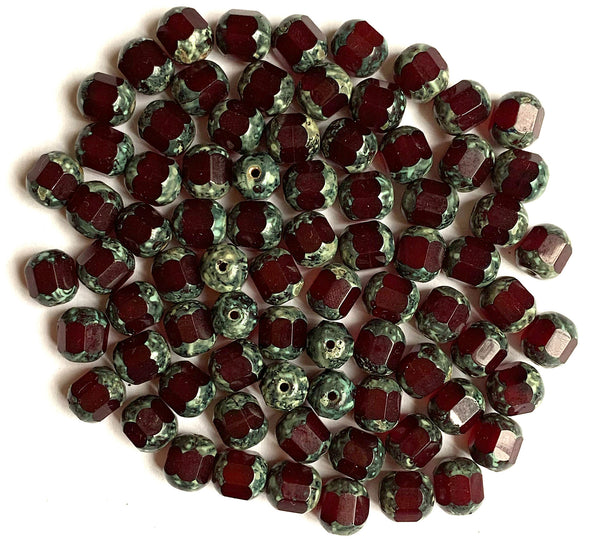 15 Czech glass faceted cathedral or barrel beads six sides - 8mm fire polished garnet red beads with picasso finish on the ends C0045