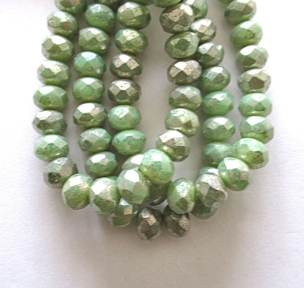 25 Czech glass puffy rondelle or donut beads - 8 x 6mm mint green beads with a silver mercury finish - fire polished faceted beads - C00003