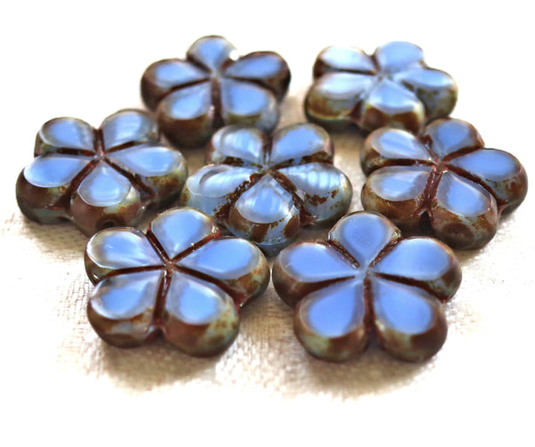 Lot of five 17mm table cut, carved,opaque, denim blue & picasso Czech glass flower beads C53105 - Glorious Glass Beads