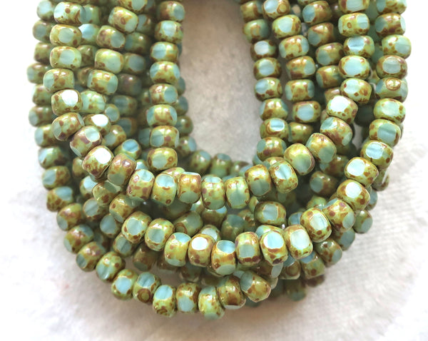 50 4 x 3mm, Tricut, Tri-cut, 3 cut Round Czech glass beads, tea green picasso, rustic, earthy 6/0 seed beads C54101