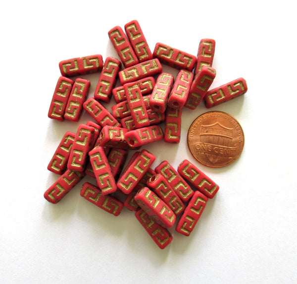 12 Czech glass beads - squared tube beads - Celtic block beads - opaque red with a gold wash - 15 x 5mm C0047