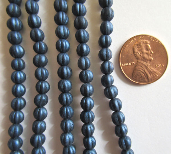 Fifty 5mm Matte Metallic Suede Dark Navy Blue melon beads - Czech pressed glass beads C0026