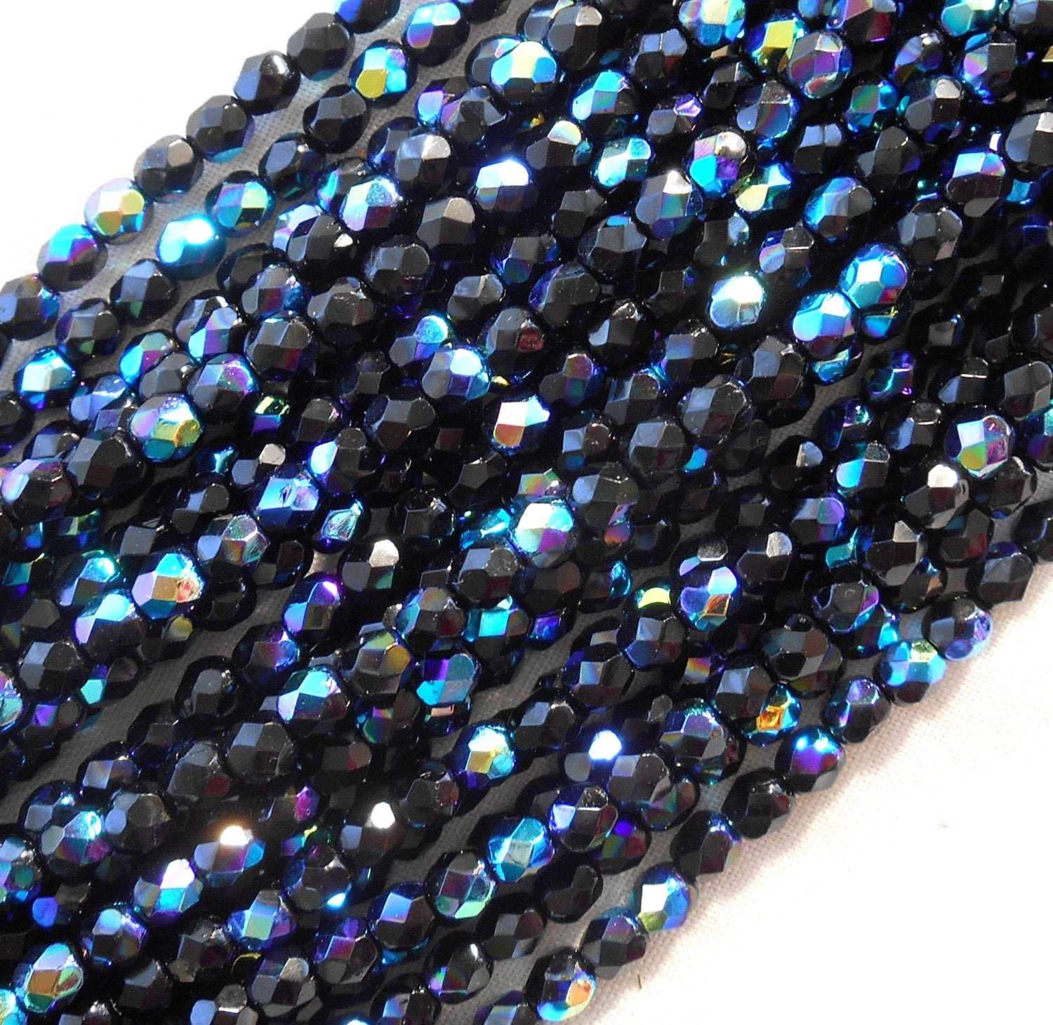 50 4mm Czech Jet Black AB glass beads, round faceted fire polished beads, C5450