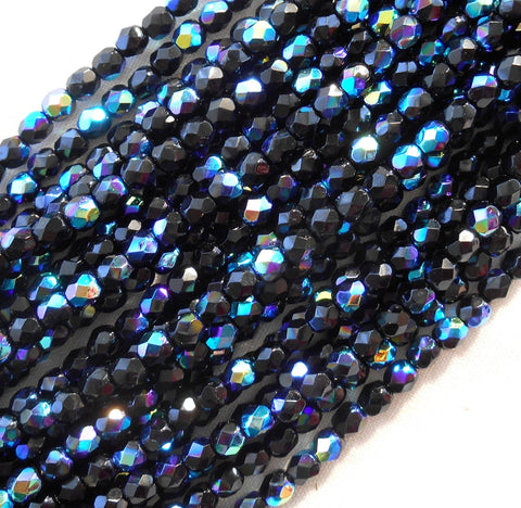 50 4mm Czech Jet Black AB glass beads, round faceted firepolished beads, C5450