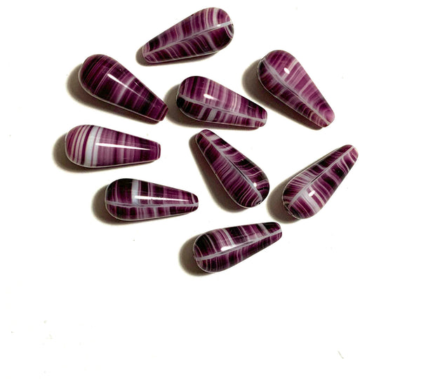 Six large Czech glass teardrop beads - 9 x 20mm amethyst or purple and white striped drop or pear beads - C0017