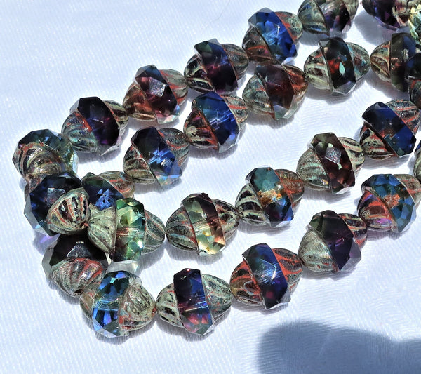 Ten Czech glass turbine beads - 11 x 10mm blue, purple / amethyst & green mix with a picasso finish C08101 - Glorious Glass Beads