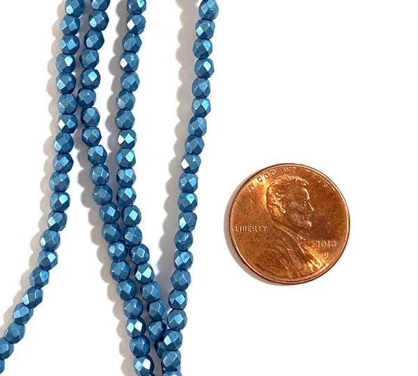 Lot of 50 3mm saturated metallic little boy blue Czech glass beads, round, faceted fire polished beads C0076