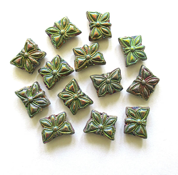 Eight Czech glass butterfly beads - metallic blue purple & green rainbow - 15 x 12mm pressed glass beads C0097