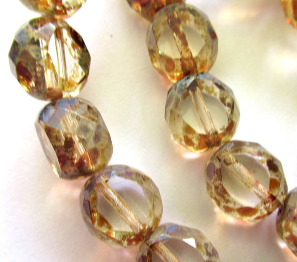 Six 12mm round faceted table cut Czech glass beads - crystal clear picasso 2 cut window beads - chunky statement beads 00131