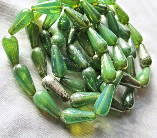 Lot of six Czech glass long teardrop beads - opaque opalescent milky jade green with a silvery mercury finish - 9 x 20mm tear drops 22106