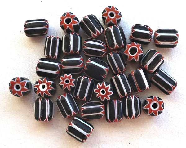 Twentyblack, white & red striped chevron glass tube or barrel beads, big hole rustic beads, approx 9x 7mm C7401