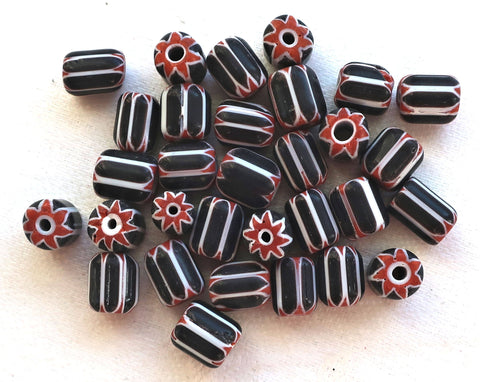 Twelve black, white & red striped chevron glass tube or barrel beads, big hole rustic beads, approx 9x 7mm C7401 - Glorious Glass Beads
