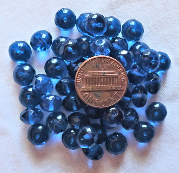 Lot of 25 6 x 9mm capri blue faceted puffy rondelle beads - transparent blue Czech glass rondelles C6625
