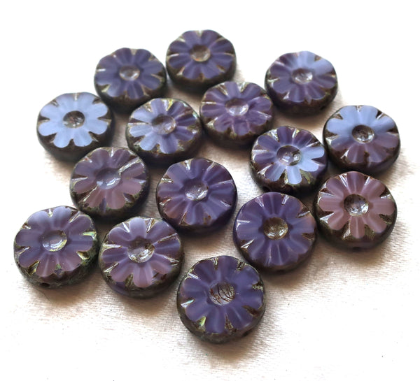 15 Czech glass flower, wheel, coin or disc beads, table cut, carved, opaque purple with gray picasso accents,12mm x 4mm, C82101 - Glorious Glass Beads