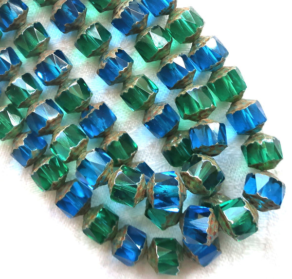 Lot of 10 Czech glass crown picasso beads, 8mm, aqua blue & peridot green mix, faceted, firepolished, antique cut beads C52101