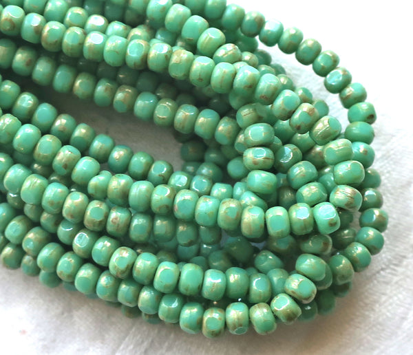 50 4 x 3mm, Tricut, Tri-cut, 3 cut Round Czech glass beads, turquoise green.picasso 6/0 seed beads C66101 - Glorious Glass Beads