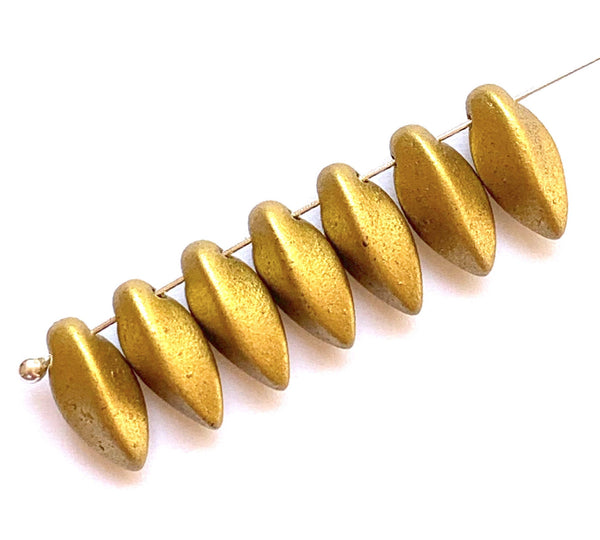 20 Czech glass twisted teardrop, petal or dagger beads - top drilled 6 x 12mm matte metallic gold pressed glass beads C0038