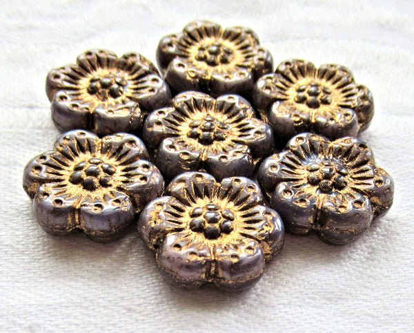 Twelve Czech glass wild rose flower beads - 14mm opaque purple, amethyst floral beads with a bronze wash C07105 - Glorious Glass Beads