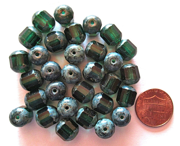 Ten Czech glass faceted cathedral or barrel beads six sides - 10mm fire polished teal blue green beads w/ picasso finish on the ends C0058
