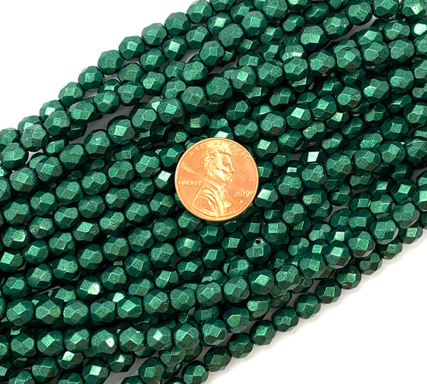 25 faceted round Czech glass beads - 6mm fire polished saturated metallic olive green beads - C0045