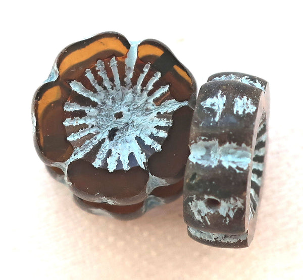 Five 14mm table cut, carved, transparent dark brown, smokey topaz & blue picasso, Czech glass hibiscus Hawaiian flower beads, C05105
