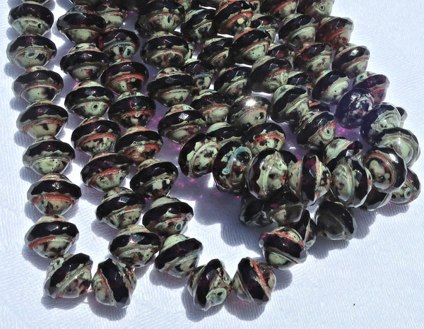 Ten dark purple Czech glass saturn beads, 8 x 10mm transparent amethyst faceted saucer beads with a picsso finish C01001 - Glorious Glass Beads