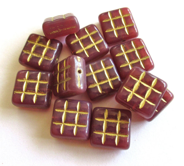 Six large 13 x 13mm square table cut carved Czech glass beads - 6mm thick translucent pink beads with gold accents - 00121