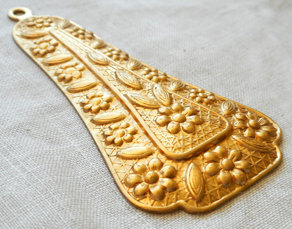 1 Raw Brass Stamping, Victorian, Art Nouveau, Deco large dangle, pendant, charm, drop, earring, 65mm x 31mm, made in the USA C0801 - Glorious Glass Beads