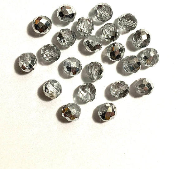 Twenty Czech glass fire polished faceted round beads - 10mm half silver & crystal beads C0029