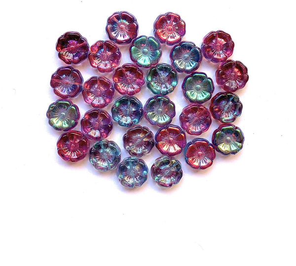 Ten 12mm Czech glass flower beads - pink and blue AB pressed glass flowers - C0111