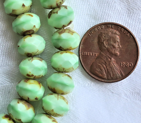Lot of 25 Opaque Mint Green Picasso faceted puffy rondelle or donut beads, 8 x 6mm green Czech glass beads C07201 - Glorious Glass Beads