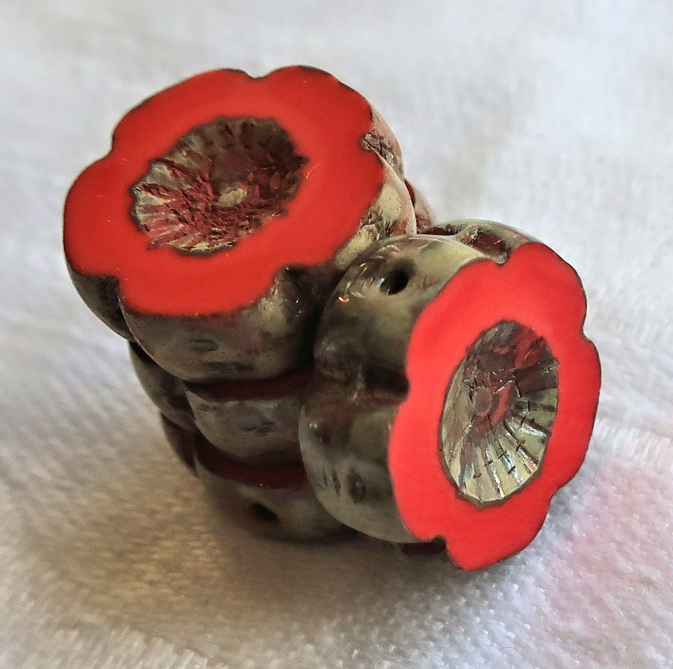 Five Czech glass flower beads. 14mm table cut, carved, opaque bright coral red picasso Hawaiian flower beads C00101 - Glorious Glass Beads