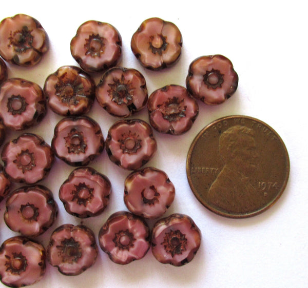 Ten 10mm Czech glass flower beads - rustic table cut, carved, marbled dark dusty rose pink w/ picasso accents - Hawaiian flower beads C10101