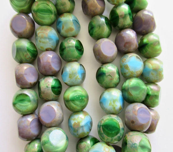 Twenty 12mm Czech glass beads - table cut Tri-cut opaque blue green purple color mix with a picasso finish window beads - C00424