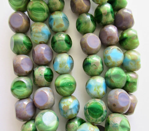 Twenty 12mm Czech glass beads - table cut Tri-cut opaque blue green purple color mix with a picasso finish window beads - C00424