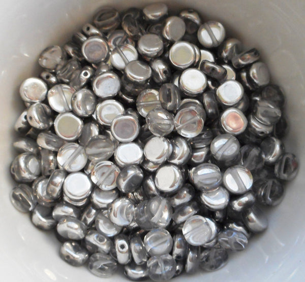 50 6mm Czech glass flat round Crystal & Silver metallic beads, little coin or disc beads C0037