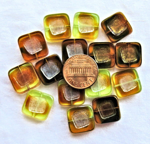 Ten large Czech glass square beads - amber / topaz / jonquil / yellow mix - 14 x 14mm table cut, carved, chunky, rustic, earthy beads C05201 - Glorious Glass Beads