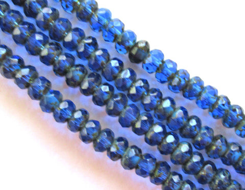 38 small Czech glass puffy rondelle spacer beads - 3 x 5mm faceted sapphire blue picasso rondelles C0036