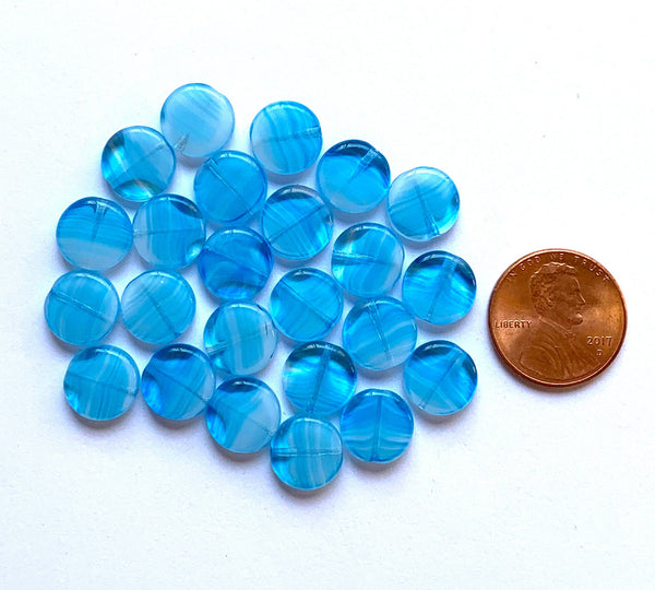 15 Czech glass coin beads - 10mm aqua blue marbled, milky, striped disc beads C0057