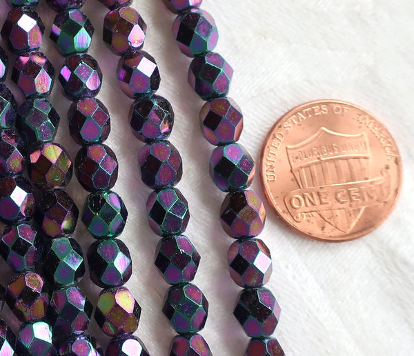 Lot of 25 6mm Purple Iris Czech glass beads, firepolished, faceted round beads C1501 - Glorious Glass Beads