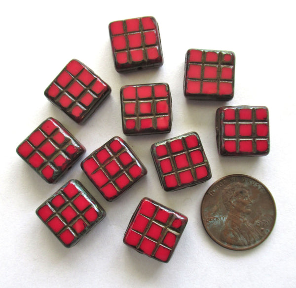 Six large 13 x 13mm square table cut carved Czech glass beads - 6mm thick opaque red picasso beads - 00991
