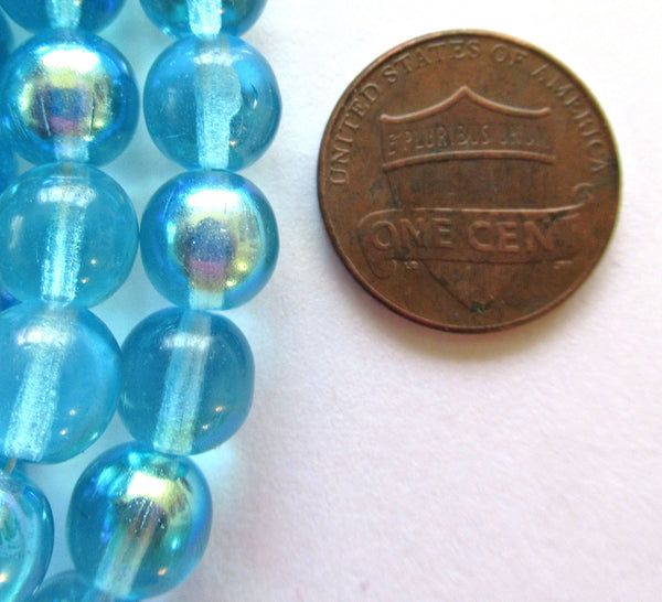 25 8mm Czech glass druk beads - Aqua Blue AB smooth round druks C0032